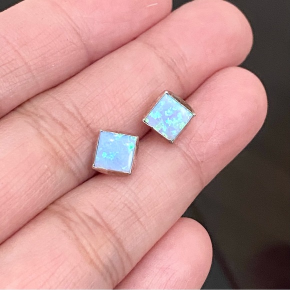 925 Sterling Silver Blue Opal Square Small Stud Earrings - Picture 8 of 11